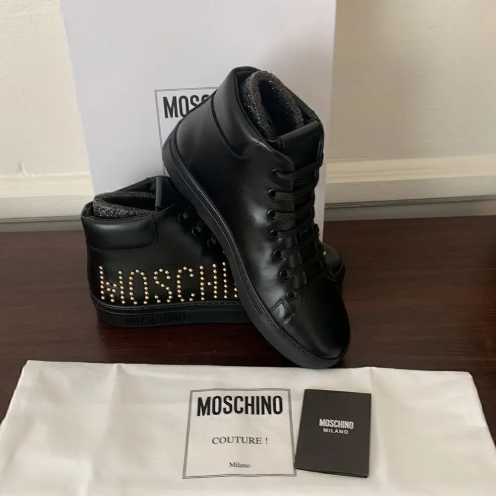 Moschino Women’s High Top logo studded leather black sneaker size 7, NIB - Picture 9 of 12